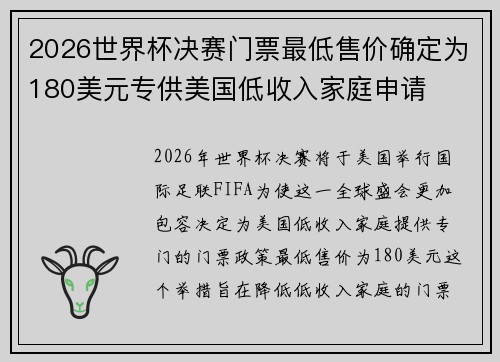 2026世界杯决赛门票最低售价确定为180美元专供美国低收入家庭申请 2026世界杯决赛门票最低售价确定为180美元专供美国低收入家庭申请
